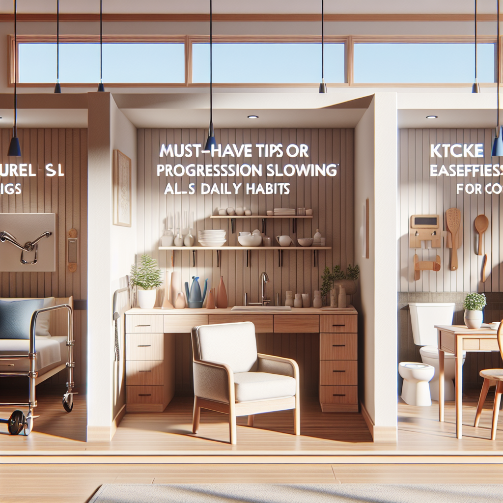 Create a photorealistic and high-quality image that depicts a serene living space, infused with natural lighting and soft shadows. In this homely environment, show visual demonstrations of 'Must-Have Tips for Effortless Progression Slowing' in ALS daily habits, such as an easily accessible workout area with grip-friendly dumbbells, a kitchen with special utensils designed for easier gripping, a bedroom with adjustable furniture for comfort, and a bathroom equipped with grab bars and elevated toilet seats. Each area should have a floating text box listing the related tip.