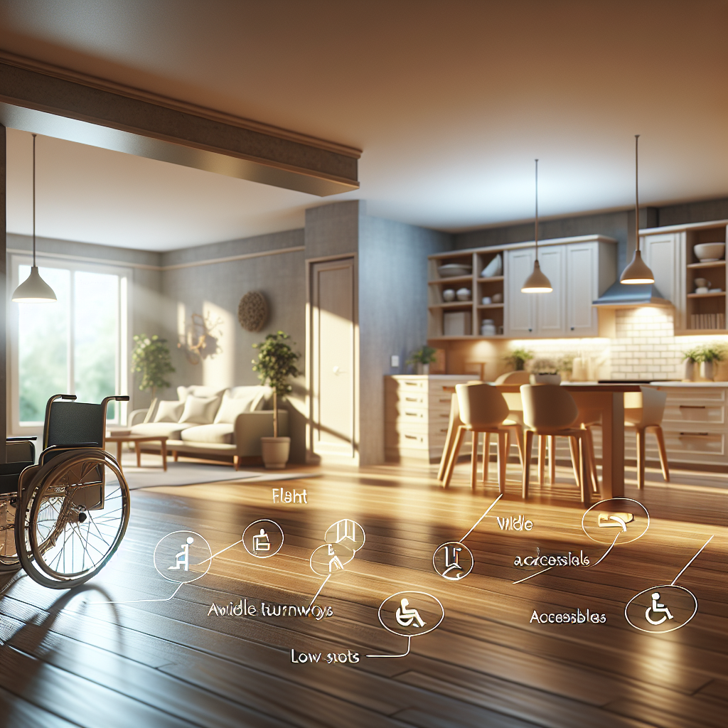 Create a high-quality, photorealistic image illuminating a home interior that has been modified to provide effortless accessibility for wheelchair users. The scene should display a well-lit space with gentle, naturally lit surroundings and soft shadows. Perhaps this includes features like a spacious layout, flat flooring, wide passageways, ample turning space, accessible kitchen counters, and low light switches. Also, the key feature showcased must be a smooth, unobstructed ramp that has been included as part of the home design to enable easy wheelchair access.