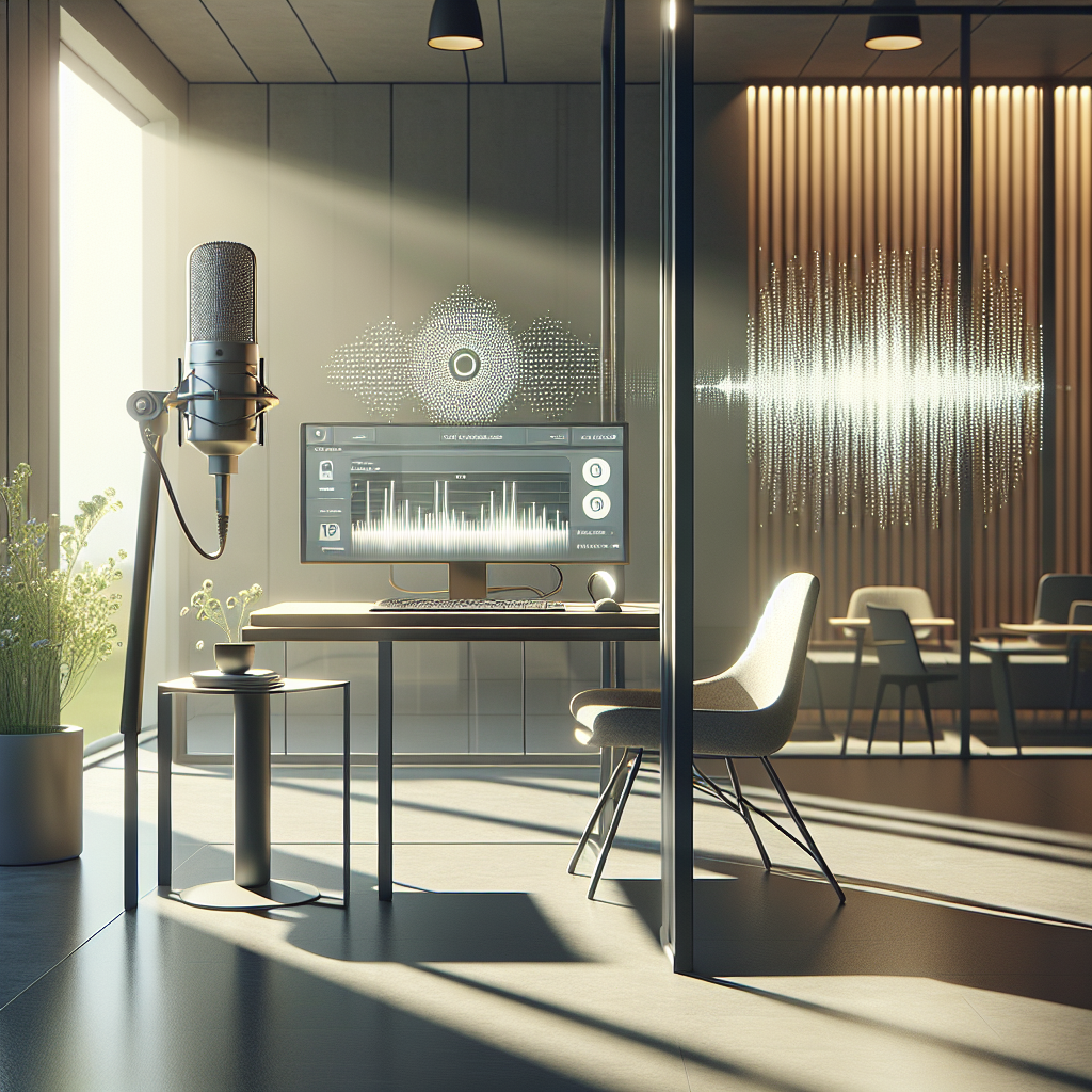Create a photorealistic image showcasing the concept of ALS Voice Banking. The scene features a modern room filled with soft, natural light, creating gentle shadows. In the middle of the room, there is a state-of-the-art microphone sitting atop a desk and a computer screen displaying language processing software in progress. Emphasis is on the themes of 'voice saving' and 'ease of use,' encapsulating the integral role of technology in preserving human speech. Render gentle, comfortable atmosphere to match the serenity of the process.