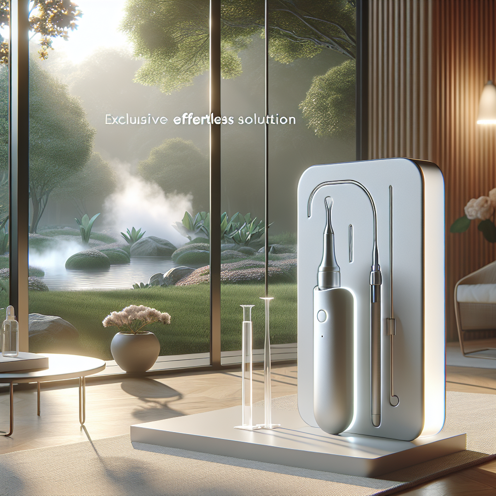A scene representing an innovative solution for the treatment of drooling in patients with ALS, depicted in high-quality, photorealistic style. Display a stylish, modern medical device, presented in natural lighting with soft shadows highlighting its features. On the side, show a peaceful environment conveying the effortless aspect of the solution, maybe a serene outdoor park that symbolises ease and tranquility. Include overlay text saying 'Exclusive Effortless Solution' with a professional and elegant font.