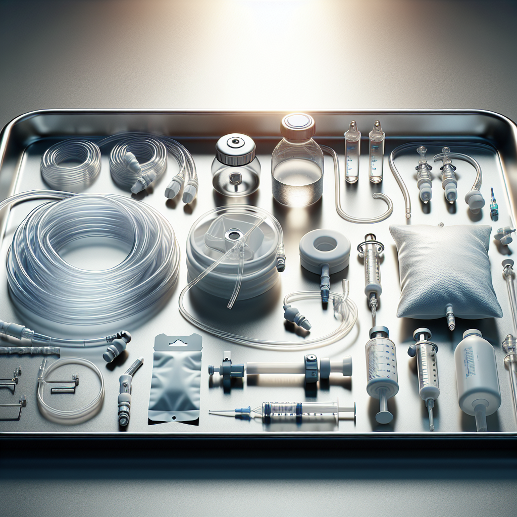 A detailed depiction of an ALS feeding tube set. Show various elements like feeding tube bags, tubes, connectors, and syringes. All items should be situated on a clean, sterile surface, perhaps a stainless-steel tray used in medical procedures. Illuminate the scene with natural lighting creating soft shadows, supposed to give a clear contrast and highlight the vital parts of the feeding tube set. The primary goal of the image is to emphasize the significance of these equipment options for those living with ALS.