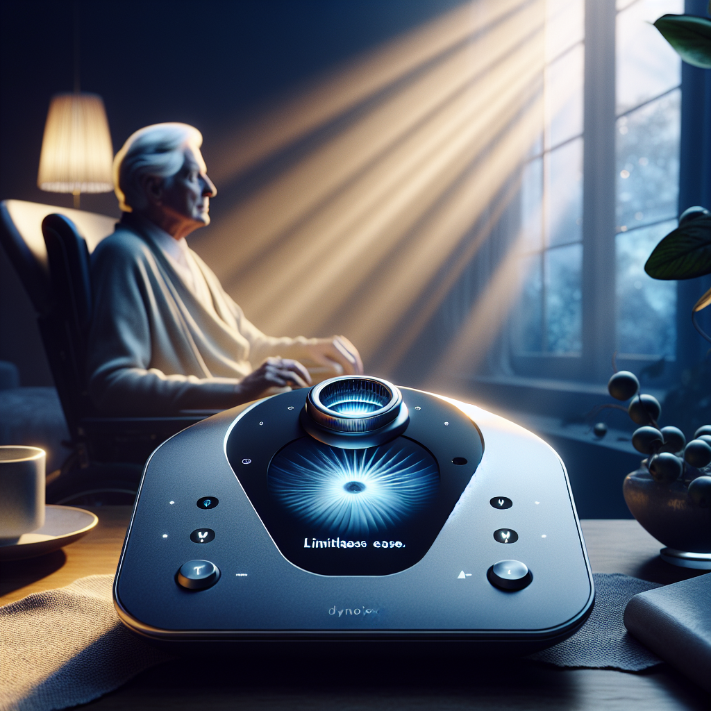 An image showcasing advanced eye gaze technology used in aiding individuals with ALS. The device is labelled as 'Tobii Dynavox' which represents potential for limitless ease. The scene is adorned with natural lighting and soft shadows to highlight the elegance and sophistication of the technology. The picture subtly depicts the transformative power of technology in empowering individuals with disabilities, providing them a voice and a chance to communicate. It's a celebration of technological progress melded with human ingenuity.