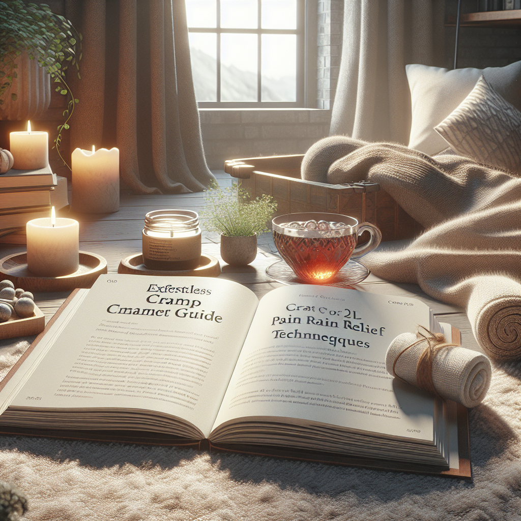 A high-quality, photorealistic portrait of a calming interior scene indicating pain relief. The central focus should be an open book detailing an 'Effortless Cramp Management Guide'. The page should highlight ALS pain relief techniques. Surround the book with natural and relaxing elements like a softly burning candle, a warm teacup, and possibly a comforting blanket in the background. Use natural lighting to illuminate the scene, casting soft shadows to contribute to the serene atmosphere.