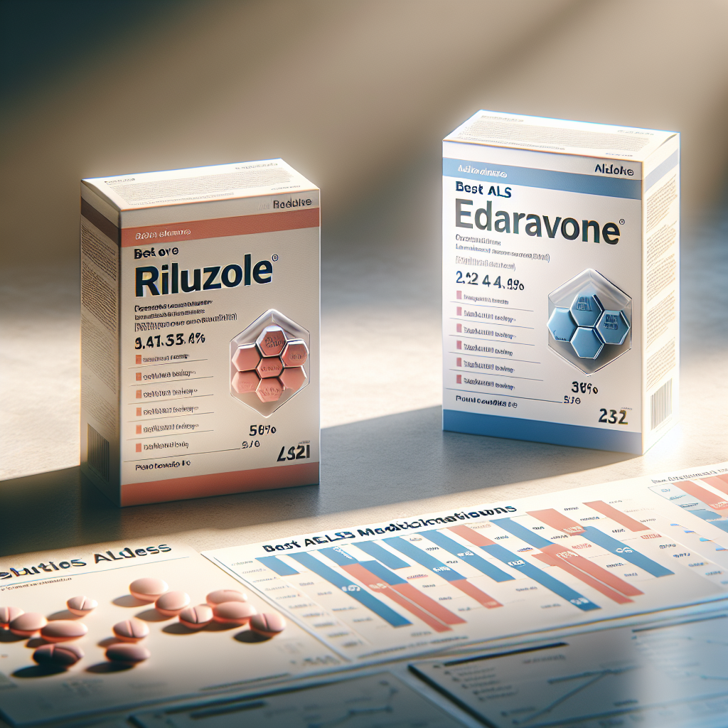A high-quality, photorealistic image that depicts two distinguished boxes with labels 'Riluzole' and 'Edaravone'. These boxes are presented as the best ALS Medications with an embedded comparison chart (featuring factors like efficacy, side effects, dosages, etc. between them) below them. The scene is illuminated with natural lighting casting soft shadows around the elements.