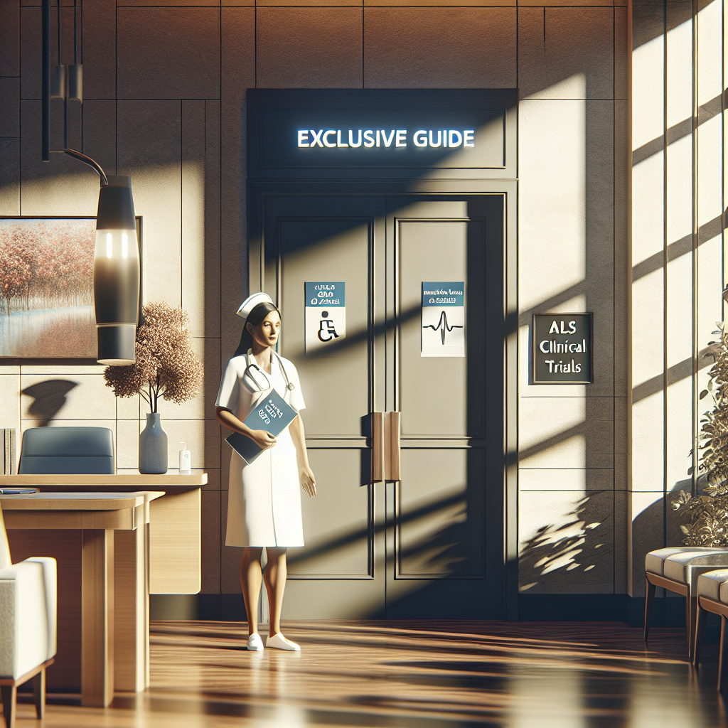 A well-lit, high-resolution photo-realistic image depicting a serene hospital or clinic environment symbolizing ALS clinical trials. The scene should include a door that is ajar, symbolising effortless entry, a desk with an 'exclusive guide' on it, soft shadows playing on the walls, signs with medical symbols, and a nurse of South Asian descent dressed professionally and welcoming. The setting should be calm and inviting, possibly decorated with plants and paintings conveying hope and positivity.