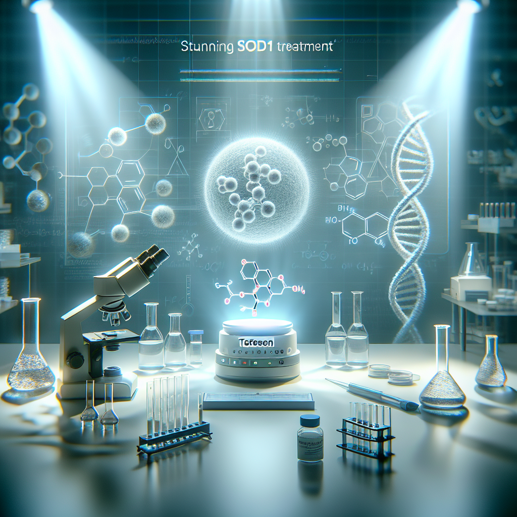 Visualize a breakthrough scientific moment related to ALS treatment. Show a pristine lab environment bathed in soft natural lighting, casting a gentle play of shadows. In the middle, place a 3D model of a molecule labeled 'Tofersen', symbolizing a potential treatment against ALS. Nearby, include associated scientific equipment like microscopes, petri dishes, and DNA helix models. Include text overlay stating 'Stunning SOD1 Treatment'. Ensure a sense of accomplishment and hope in the scene.