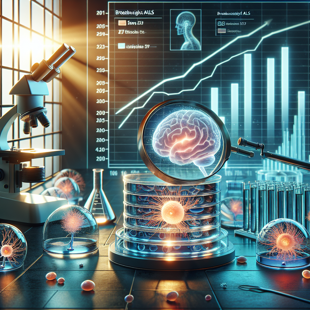 A conceptual image showcasing breakthroughs of ALS Stem Cell Trials in 2025. The image shines with optimism and progress, featuring a brightly lit laboratory with microscopes, petri dishes containing stem cells, visible through a magnifying glass. The background is adorned with charts showing the upward trend of successful trials. There are 3D models of the human brain and spinal cord, symbolizing the targeted elements in ALS. The scene is bathed in natural lighting shining through large windows, casting soft shadows around, reflecting the dawn of a new era in medical science.