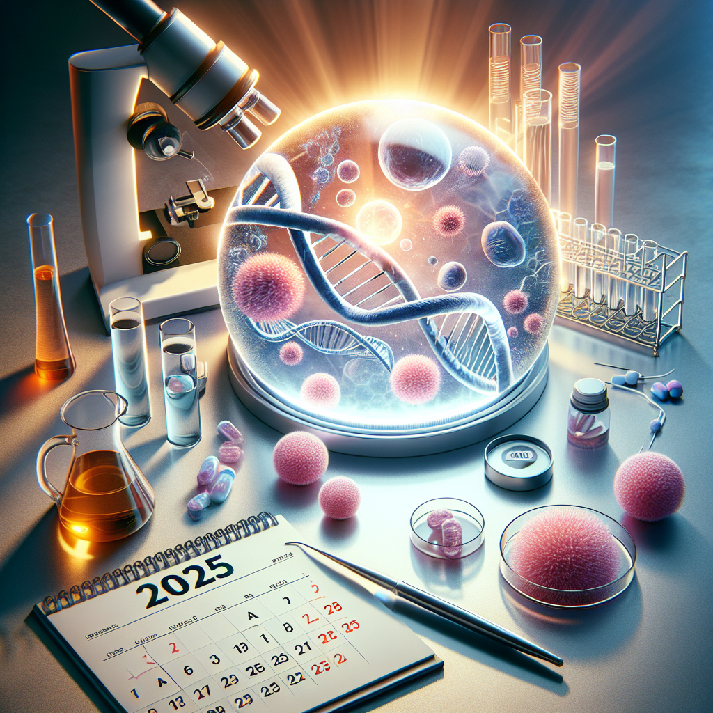 Create a photorealistic image symbolizing gene therapy breakthroughs for ALS in the year 2025. The design should reflect the concept of stunning advancements in medical science. Incorporate elements like a DNA helix, microscope, Petri dish, and biomedical imagery. Use natural lighting and soft shadows to emphasize the dramatic nature of the breakthrough. Also include a calendar showing 2025 to indicate the timeline of these breakthroughs. Please ensure the atmosphere conveys optimism and hope for the future.