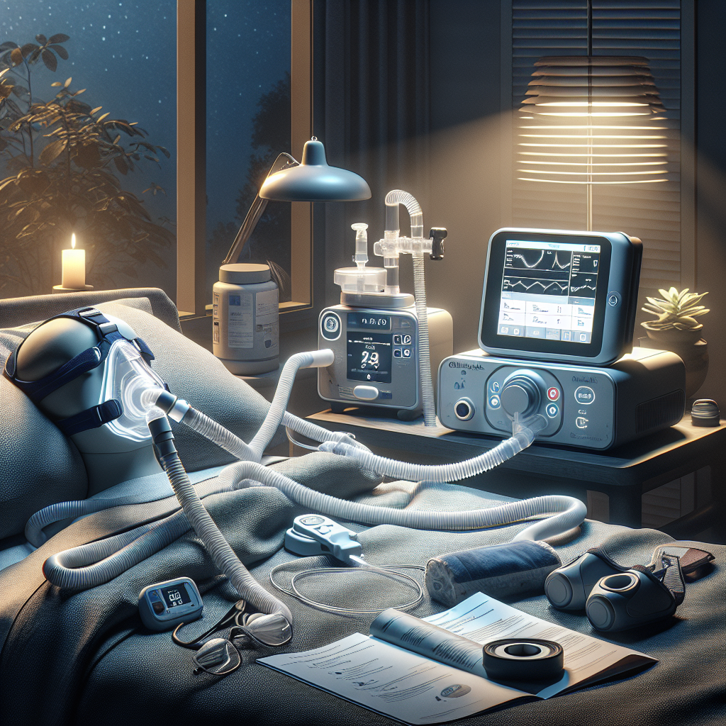 Create an image showcasing the setup of a BiPAP machine designed for assisting with ALS (Amyotrophic lateral sclerosis). Portray this setup in an environment suggestive of nighttime, utilizing natural lighting and soft shadows for an effortless and tranquil ambiance. The view should include all key components necessary for managing ALS such as the BiPAP machine, masks, tubes, and other accessories. Let there be instructions or booklets visible in the scene, indicating proper usage and setup. Please also maintain a peaceful and comfortable vibe to represent successful nighttime use.