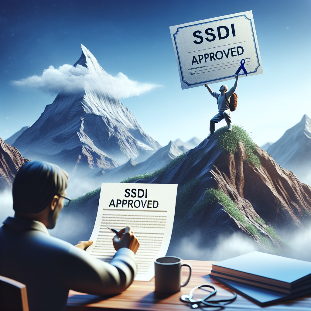 Imagine a scenario that symbolizes success in attaining SSDI approval for a condition such as ALS. It could be a metaphorical representation of persistence, effort, and victory - maybe a mountaineer at the summit, holding up a paper certificate with the phrase 'SSDI Approval' on it. Alternatively, it could be a realistic depiction - a person at a desk, filled with a sense of relief as they gaze at a letter with the same heading. The scene should be rendered in high-quality photorealistic style, utilizing natural light and delineating sharpness through soft shadows.