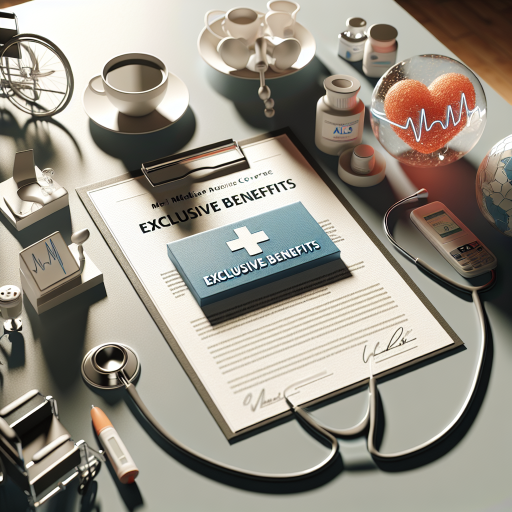 Create a high-quality, photorealistic image using natural light and soft shadows, representing the concept of Medicare coverage for ALS. This should include a visual representation of exclusive benefits, indicated by a certificate or document that clearly reads 'Exclusive Benefits'. Alongside, depict some of the best medical equipment associated with ALS care, such as wheelchairs, communication devices, and respiratory support equipment.