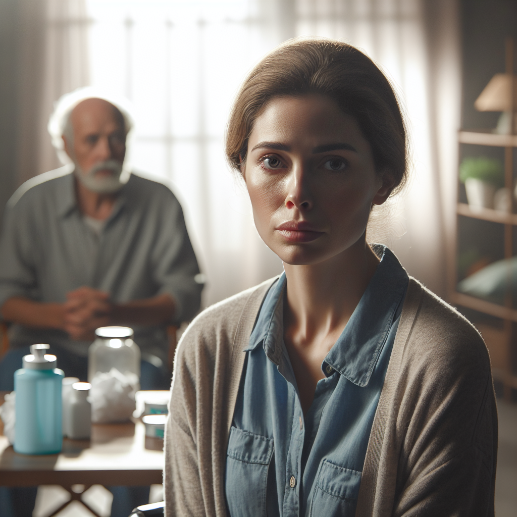 Create a high-quality, photorealistic image that tells a tale of an emotional journey experienced by a caregiver providing aid to someone with ALS. Illustrate this scene using natural lighting casting soft shadows. Picture a Caucasian woman, the main caregiver, looking weary and exhausted, yet resilient and steadfast. She should stand in a cozy home setting, surrounded by caregiving equipment and medications, with a suggestive hint of laughter and crying in the past. A Hispanic man, the ALS patient, should be depicted viewing her with gratitude and love.