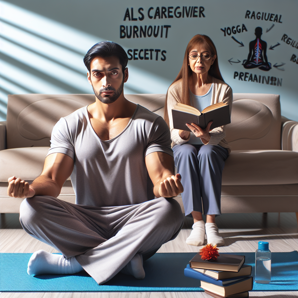 An image capturing an insightful scene of an ALS caregiver's daily life showing various burnout prevention secrets. The caregiver, a strong, compassionate Middle-Eastern man, is pictured in the foreground, practicing some calming activities like yoga and reading self-help books. Behind him, you can see a serene South Asian female therapist explaining some other preventive measures like regular breaks and balanced nutrition. The setting is a comfortable, well-lit living room and the image is suffused with soft shadows and natural lighting for realism.