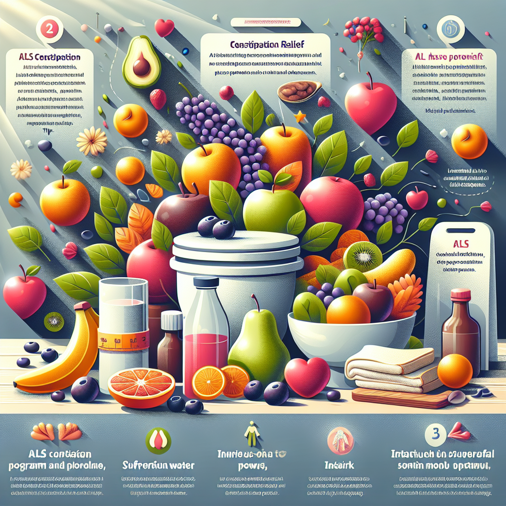 Visually represent an informative, high-quality and photorealistic graphic about 'ALS Constipation Relief: Must-Have Bowel Program Tips'. It should include elements of a healthy diet such as fruits, vegetables, and intake of sufficient water. Include a soothing environment with natural lighting and soft shadows, potentially by using a light background contrasted with colorful pictorial tips. Use moderate typography to convey the crucial points and softer shades to illustrate the feeling of relief. The aim is to guide people with ALS in a comforting and helpful manner while discussing a sensitive topic.