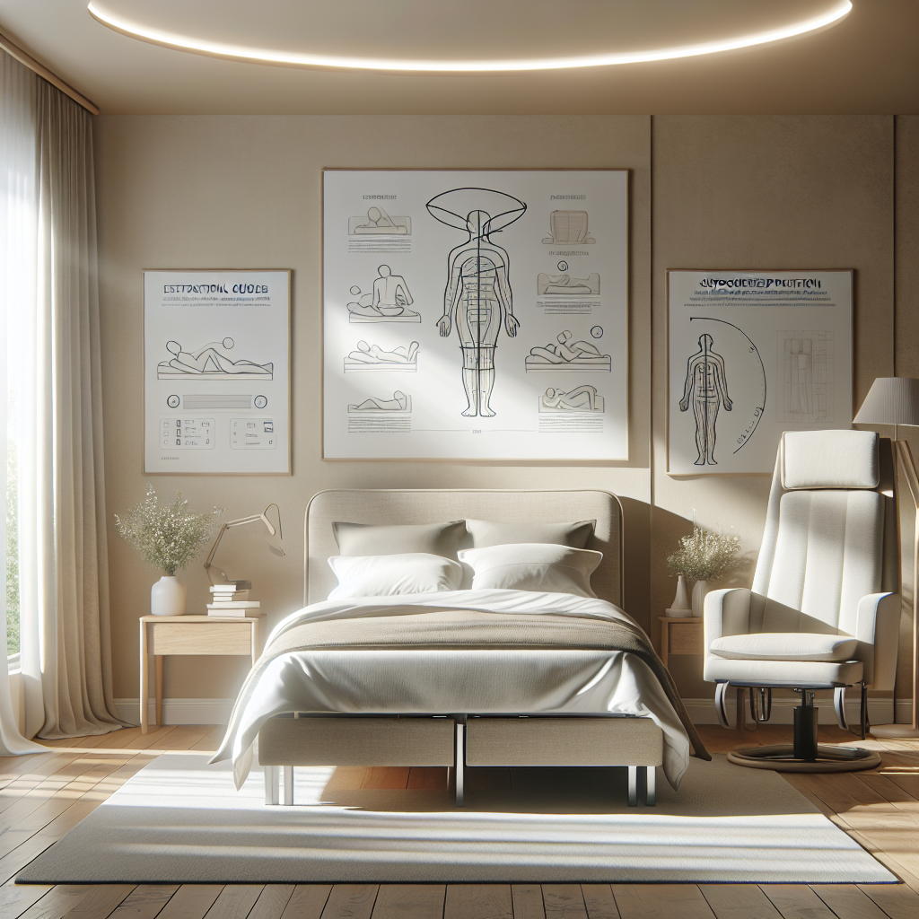 Visualize a serene bedroom setting with neutral tones and soft light filtering in through a window. The room contains a comfortable bed with adjustable features and supportive pillows to effectively aid people struggling with ALS. There are detailed guides and infographics placed strategically in the room showing practical tips for sleep position for effortless relief for ALS patients. A soothing and harmoniously designed space, embodying a calm and gentle atmosphere that encourages healthy sleep.