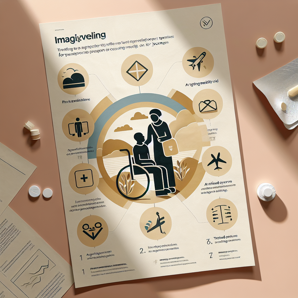 Imagine an informative flyer that communicates the best practices for traveling with ALS (Amyotrophic lateral sclerosis). The flyer is dominated by soothing colors and implements a clean, simple design ideal for accessibility. A central diagram is featured, illustrating the friendly interaction between a Black male ALS patient and a Middle-Eastern female nurse, both practicing suggested measures. Directions and tips such as packing medications, arranging mobility aid, tailored exercise routines on journeys are arranged in bullet points around the flyer with iconic symbols. Natural lighting and soft shadows provide a comforting, and real-life atmosphere.