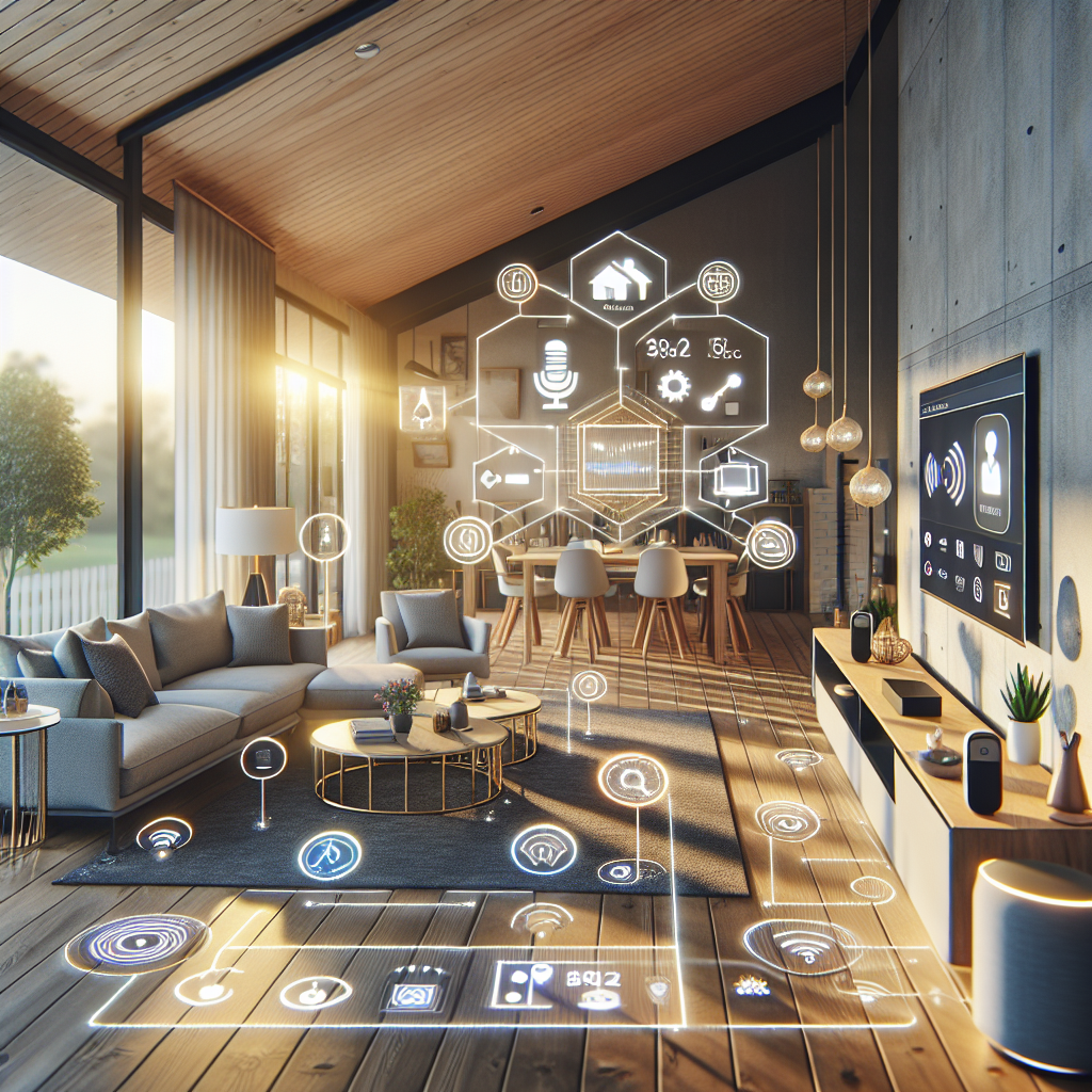 Create an image featuring a smart home interior, specifically designed for accessibility. The home is equipped with voice control solutions for individuals with ALS (Amyotrophic lateral sclerosis). Highlight areas such as voice-activated light controls, automated curtains, and assistive technology devices around the living room to ensure ease of navigation. Include features such as smart speakers, and screens displaying the interface of the voice control system. Use natural lighting and soft shadows to evoke a comfortable and inviting atmosphere.