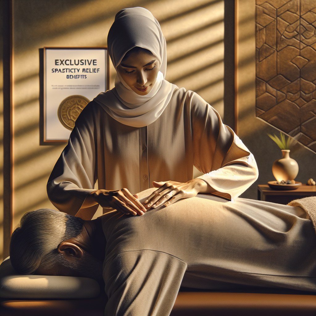 A serene and peaceful environment set in a therapy room. The focus should be on gentle, smooth hands providing a massage to an elderly patient's back. The patient is in a prone position, visibly at ease through the effect of the massage. The surroundings are filled with subtle hues of warm sunlight described as natural lighting and soft shadows, creating a calming atmosphere. The atmosphere portrays the exclusive spasticity relief benefits of ALS massage therapy. The therapist is a Middle-Eastern female, and the patient a Hispanic male. In the background, include a certified placard on the wall that talks about the 'Exclusive Spasticity Relief Benefits' of ALS Massage Therapy.