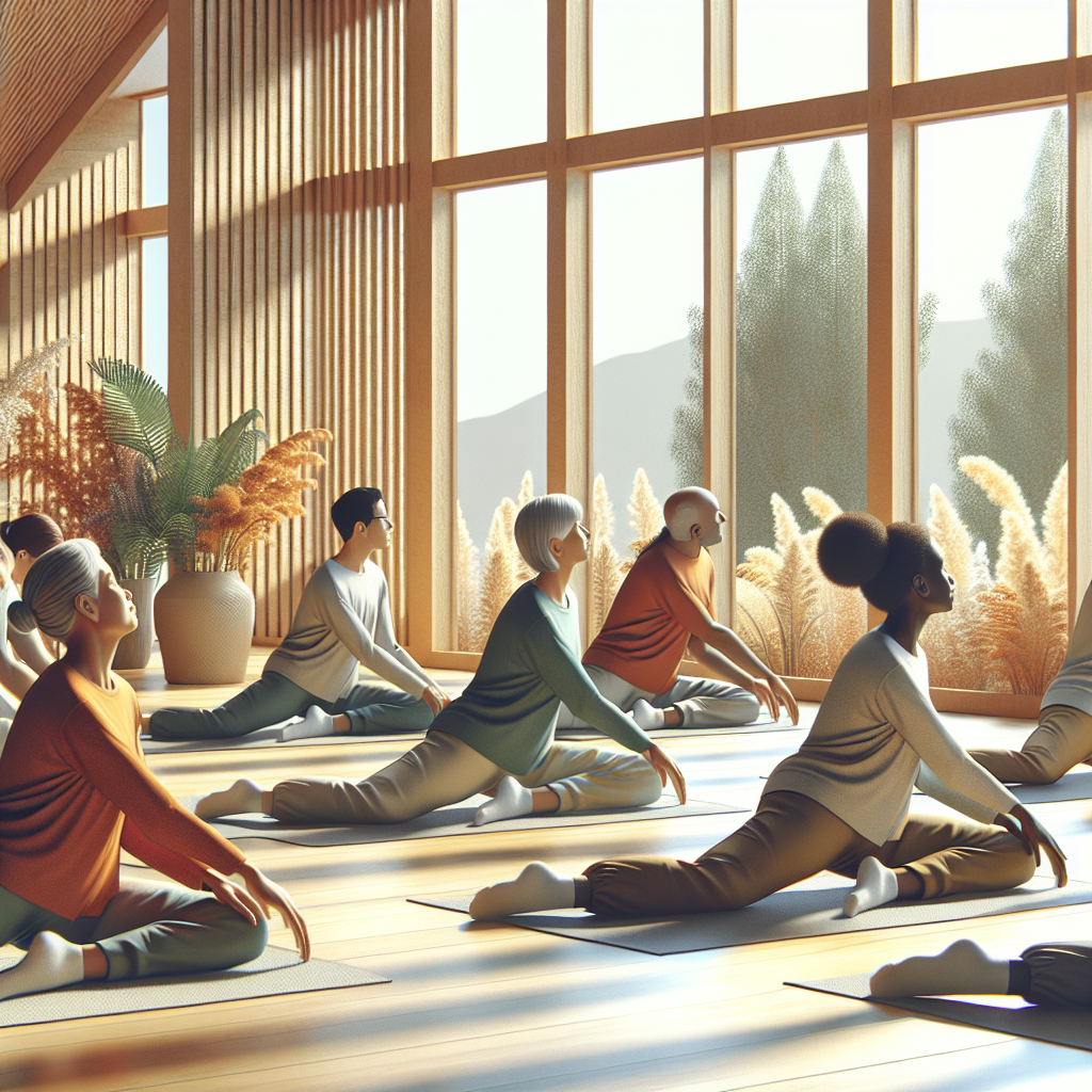 Create an illustrative image showcasing a natural, comfortable environment wherein a set of ALS-friendly stretching exercises are being performed by a diverse group of people. This scene should include individuals of varied descents including Caucasian, Hispanic, Black, Middle-Eastern, and South Asian. The individuals should be depicted performing exercises that provide relief from spasticity, with emphasis on their ease and comfort. The room should have natural lighting coming through large windows, casting soft shadows, creating an overall ambiance of tranquility and calmness, perfect for therapeutic activities.