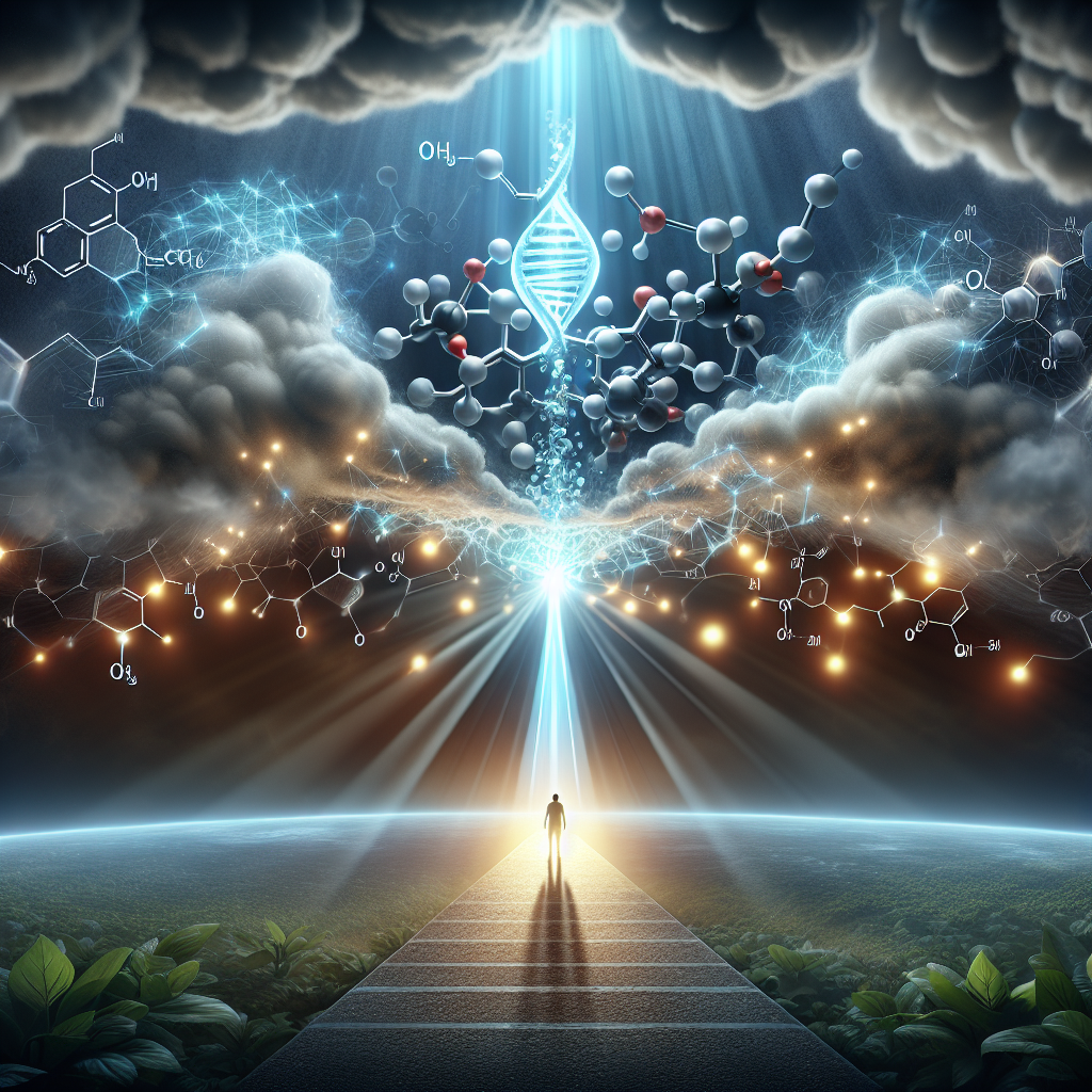 Create a high-quality, photorealistic image that depicts a metaphorical representation of breakthrough in ALS (Amyotrophic lateral sclerosis) research. In the centre, illustrate the innovation as a glowing light beam breaking through a dark cloud, symbolising hope. Surround the light with the molecular structure of Masitinib, a promising drug. Make the background an abstract portrayal of the year 2025, using soft shadows and natural lighting to highlight the progression and hope. Ensure that the overall tone of the image exudes positivity and promise.