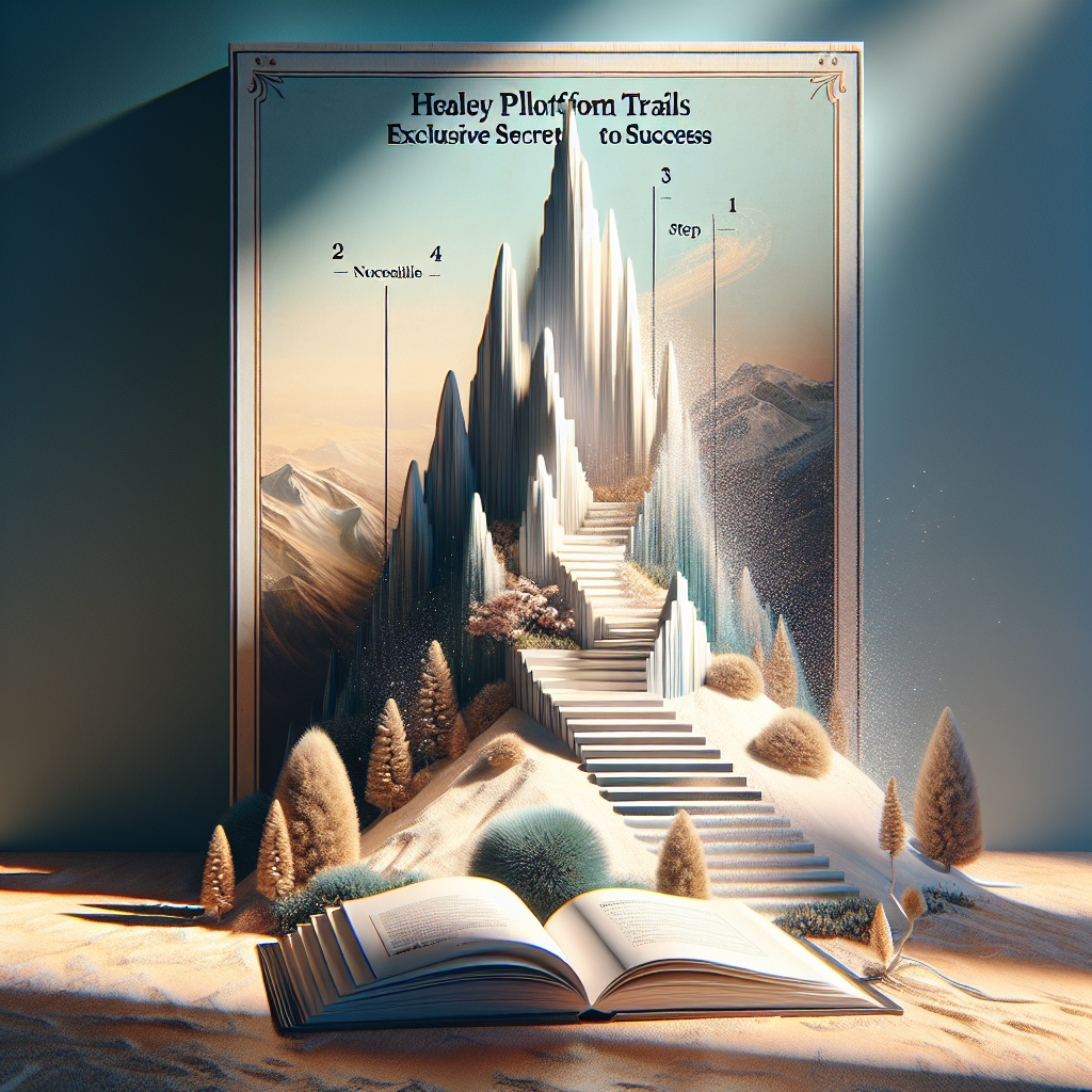 A photorealistic image showcasing an artistic representation of 'Healey Platform Trials: Exclusive Secrets to Effortless Success'. The scene is brightly lit with natural light casting a gentle sprinkle of soft shadows. On one side, place an open book with numbered steps to success, sharing some exclusive secrets. On the other side, depict an abstract representation of achievement; perhaps a towering staircase or a peak of a mountain representing 'success'. The elements should merge together seamlessly to imply the connection between the trials and the success. Use a harmonious color palette with calming yet inspirational tones.