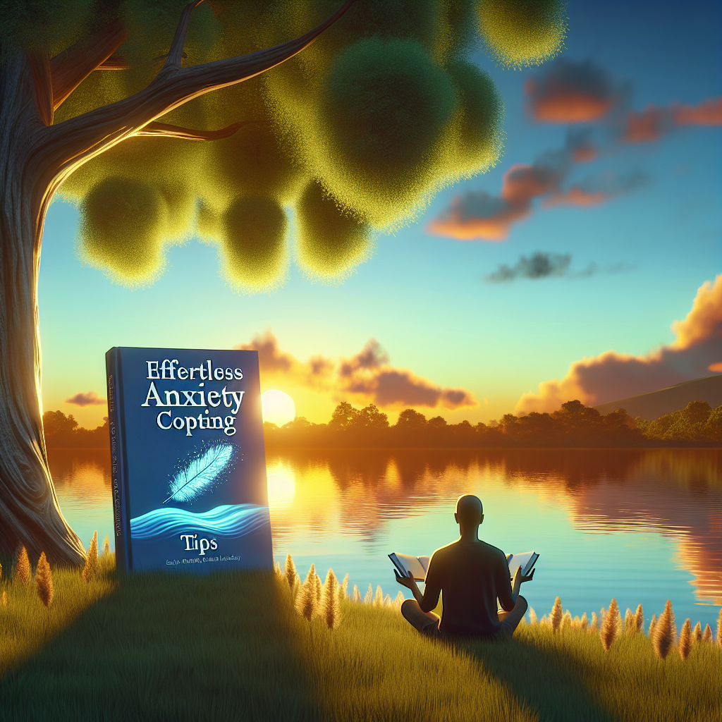 An image symbolizing mental health support and coping strategies for anxiety in the context of Amyotrophic Lateral Sclerosis (ALS). Visualize a serene and calming landscape with a serene lake, a tall tree providing a comforting shade, and perhaps a figure seated beneath it, reading a book titled 'Effortless Anxiety Coping Tips'. The setting sun casts soft shadows and the radiant hues of a natural twilight infuse the scene with tranquility and peace. The book cover might show visual symbols of tranquility such as a gentle wave or feather. The image should have a high-quality, photorealistic style, employing natural lighting.
