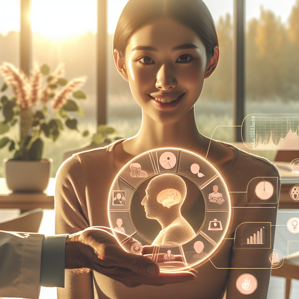 Create a photorealistic image showcasing the concept of 'ALS Therapy'. Picture it in a pleasant, supportive atmosphere with warm natural light, depicting soft shadows. Show that there are several tangible benefits associated with it. Please include a symbolic representation, perhaps in the form of a chart or diagram, demonstrating progress or breakthroughs in ALS therapy. Furthermore, visualize an expert or medical professional of Asian descent and female gender, who is providing guidance and demonstrating empathy and efficient support.