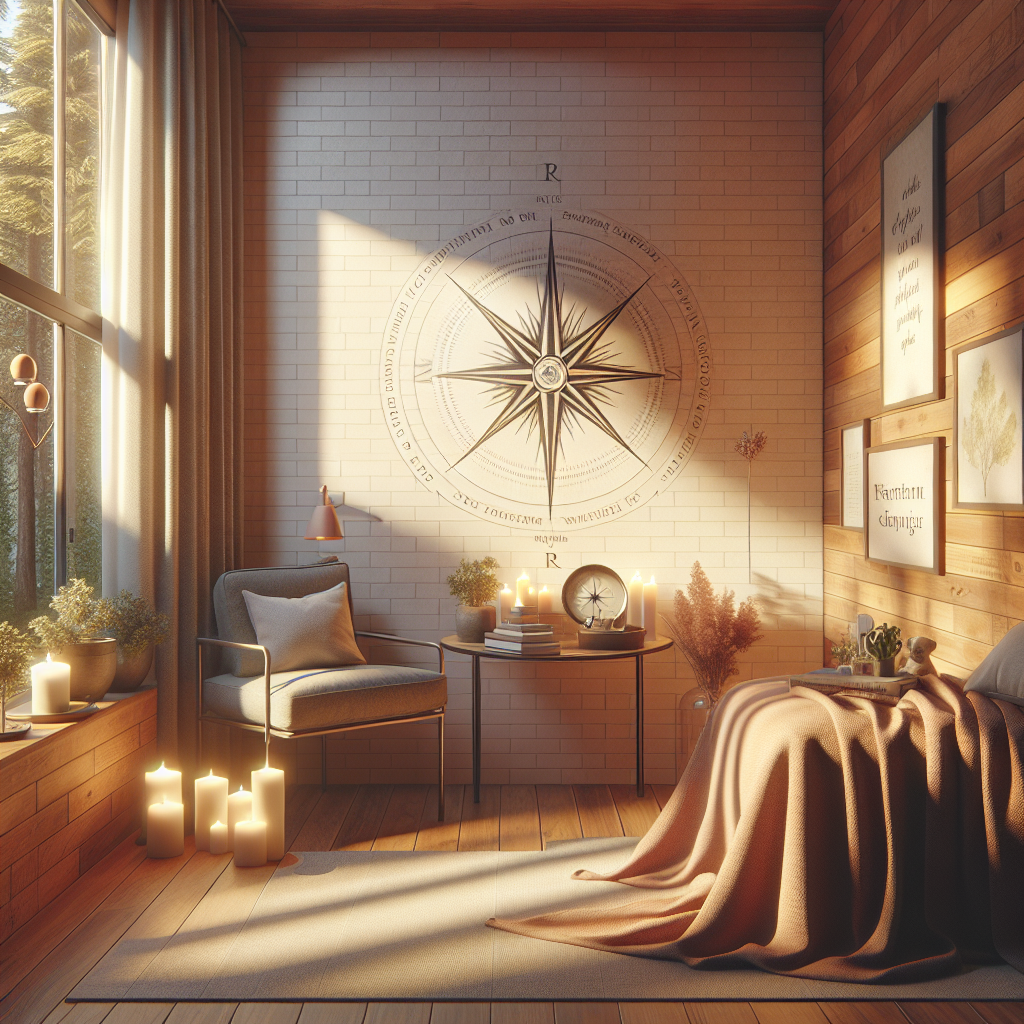 Create a calming, high-quality, photorealistic image featuring a serene environment often associated with comfort care. The setting should be a hospice, filled with warm and soft natural lighting, casting gentle shadows. Add elements that symbolize guidance and decision-making, such as a compass or a roadmap, alluding to navigating through the journey of ALS care. Include elements of peacefulness and care, for instance, soft quilts, unlit candles, and inspirational quotes on the wall.