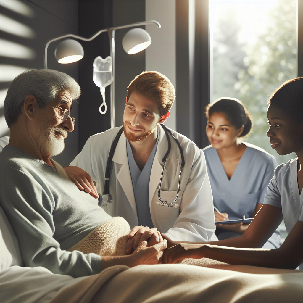 Picture this – an uplifting, empathetic scene inside a well-illuminated room. A diverse team of medical professionals is providing palliative care to a patient. There is a Caucasian male doctor attentively examining the patient; a Middle Eastern female nurse is adjusting the comfort pillow; a Black female therapist, with a reassuring smile, is holding the patient's hand. In the backdrop, a South Asian male counselor is discussing effortlessly with the patient's family about the care plans. The soft shadows cast by the natural light streaming through the windows suggest a serene, peaceful environment.