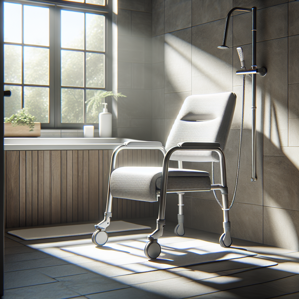 Create an image of an ALS shower chair, which is designed to provide the best and effortless solutions for individuals. The chair should look safe and comfortable and come with advanced accessibility features for the ease of use. The environment should be a well-lit bathroom with natural lighting streaming through a window and soft shadows adding to the depth of the scene. Attention to the detail including the material texture of the chair and its ergonomic design, along with the placement in the bathroom shower area, will ensure the picture conveys the intent of comfort and convenience.