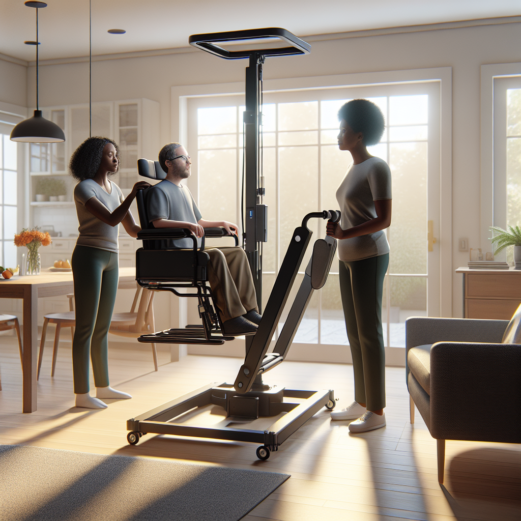 Create a high-quality, photorealistic image showcasing an ALS Stand Aid Lift in a home setting. This assistive device should be designed for effortless transfer to offer help and guide individuals with ALS. The scene should have natural lighting illuminating the device and casting soft shadows. Two people should be present: a black female caretaker assisting a Caucasian male patient demonstrating the use of the lift. The device should appear sturdy enough to instill confidence in its users. The room should be clean, inviting, and spacious enough for easy maneuvering.