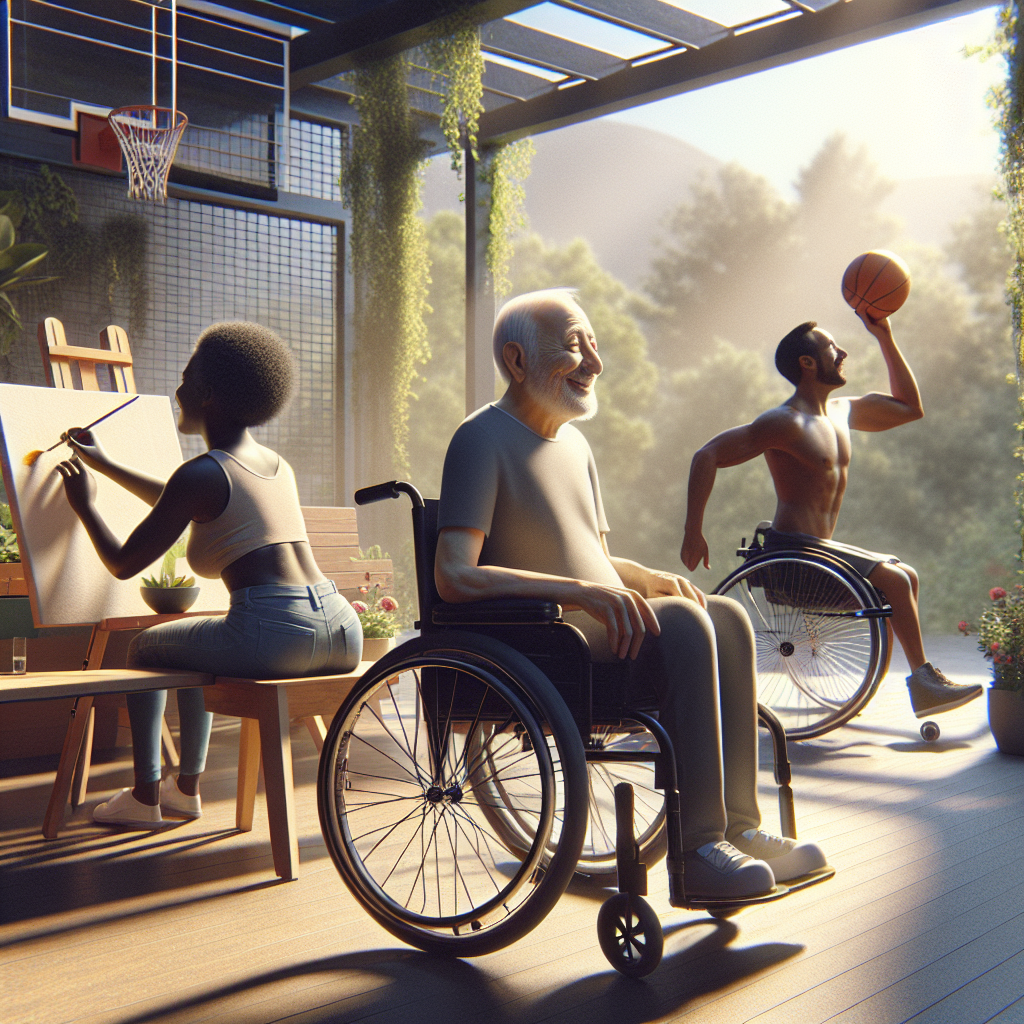 Generate a photorealistic image showcasing a variety of adaptative hobbies suitable for individuals with Amyotrophic lateral sclerosis (ALS). Display a scene in a leisurely environment with natural lighting and soft shadows, depicting a Black female enjoying adaptive painting, a Hispanic male involved in accessible gardening, and a South Asian individual engrossed in wheelchair basketball. Emphasize the fun, effortless enjoyment, and the adaptative nature of these activities.