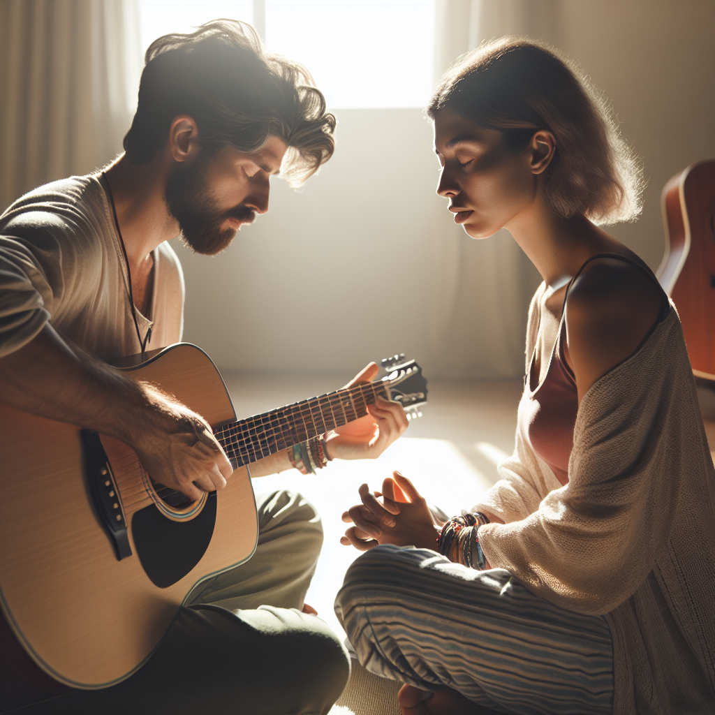 Generate a soothing, high-quality, photorealistic image showcasing an intimate music therapy session in a peaceful setting bathed in natural lighting and casting soft shadows. The emphasis here is on a Caucasian man playing a guitar and a South Asian woman listening with her eyes closed, emotionally moved. They are surrounded by calming colors and simple, acoustic instruments. The goal is to reflect the stunning emotional benefits of music therapy, particularly for individuals dealing with ALS (Amyotrophic lateral sclerosis).