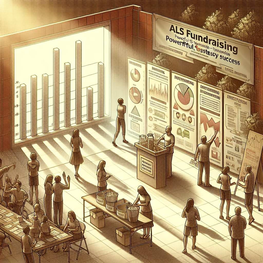 Create a detailed and photorealistic image. The scene should include a visually-rich display of a charity event happening under the bright, natural lighting. Specific elements of the scene will include a beautifully designed banner with the words, 'ALS Fundraising: Powerful Tips for Effortless Success'. Various prominent fundraising activities are orchestrated: people enthusiastically dropping donations into collection boxes, volunteers handing out informational leaflets, and large charts indicating the progress of the fundraiser. The atmosphere is warm, encouraging, and hopeful. Soft shadows are cast to enhance the visual depth and realism of the illustration.