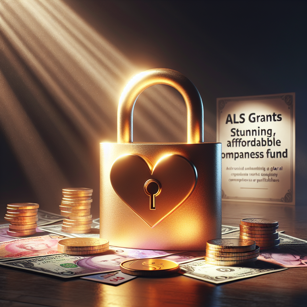 Create an image symbolizing compassion, affordability, and the aim of grants towards fighting ALS. Depict a large, unlocked golden padlock in the center with a heart shape, representing unlocked funding. A ray of natural light shines down upon the lock, casting soft shadows around. Surrounding the lock, show different currency notes and coins from around the world, signifying the global contributions. The scene takes place on a polished wooden table denoting stability. In the background, softly blend in text that reads 'ALS Grants: Stunning, Affordable Compassion Fund', illuminating in the soft light.