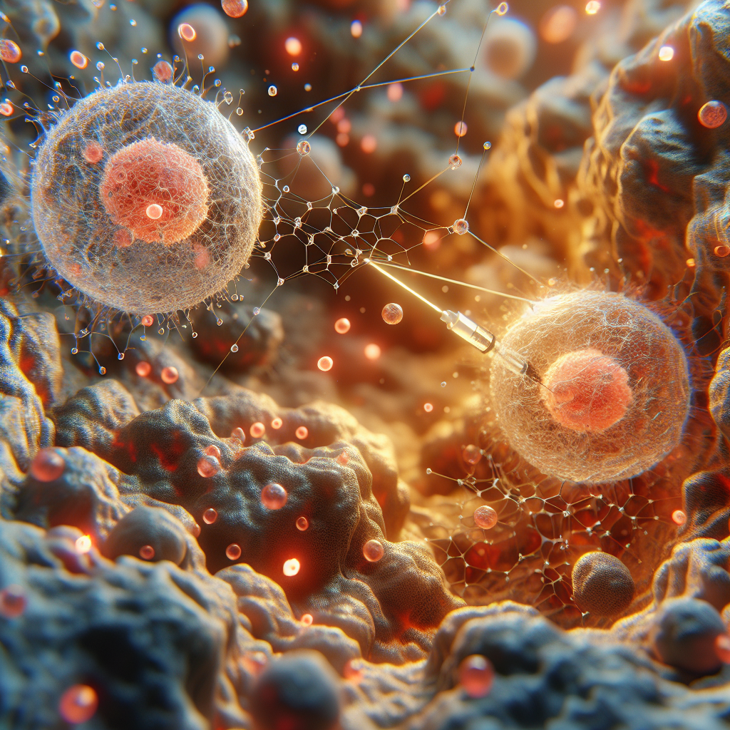 Generate a photorealistic image that portrays a cutting-edge scientific concept. The scene should depict the groundbreaking connection between ALS (Amyotrophic lateral sclerosis) Exosomes and Mesenchymal Cells. The image will feature a close-up view of exosomes, tiny vesicles playing a potential role in disease progression, interacting with Mesenchymal Cells against a backdrop of intricate cellular structures. The artwork should exhibit natural lighting and soft shadows to emphasize the depth of these microscopic entities. This image should convey the sense of a significant breakthrough in the field of medical biology.