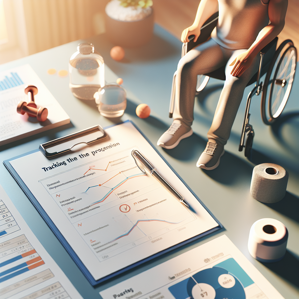 Create a high-quality, photorealistic image that depicts the concept of tracking the progression of ALS (Amyotrophic Lateral Sclerosis). The image should represent this medical scenario in a hopeful, empowering manner, focusing on essential and effortless tips for managing the condition. Include visual elements such as charts showing patient progress, helpful tips written on a notepad, and perhaps some fitness equipment that can be used for physical therapy. Use natural lighting to create a welcoming and warm atmosphere and soft shadows to add depth and realism. Please remember, no specific individuals should be included.