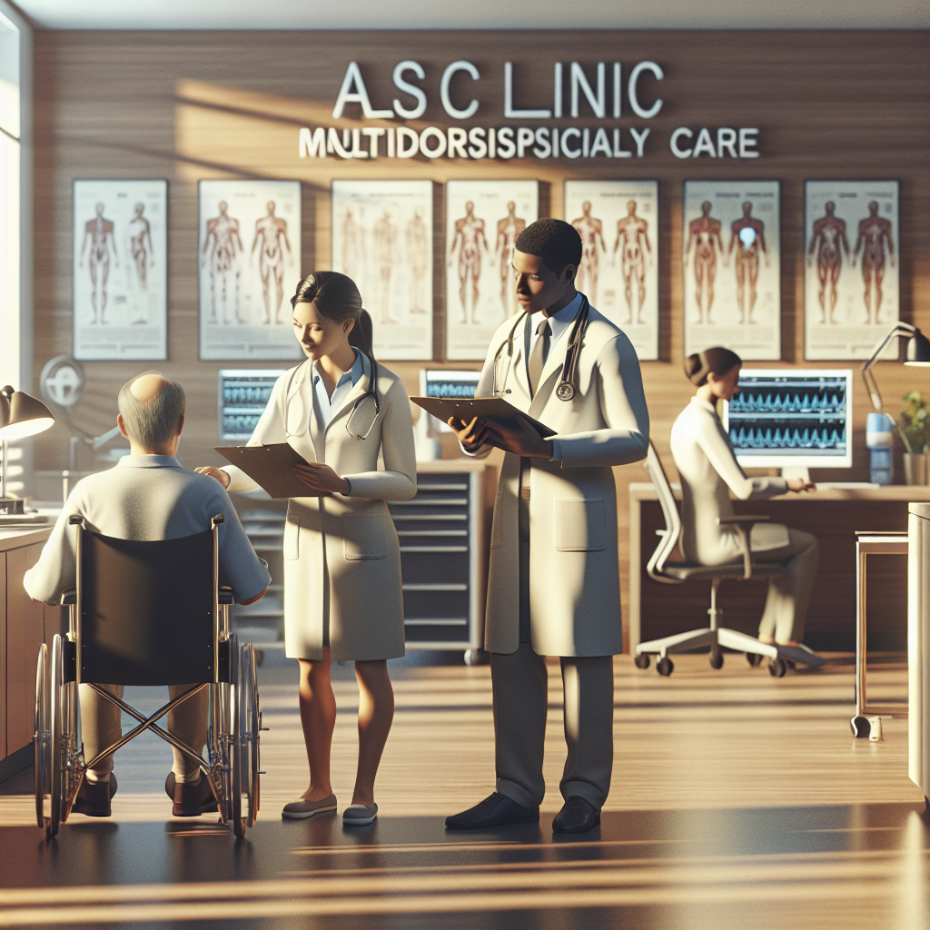 Generate a high-quality, photorealistic image that portrays an ALS clinic, emphasizing the multidisciplinary care provided. The scene should feature a warm and welcoming environment under natural lighting conditions with soft shadows. Show a mix of professional caregivers, such as a black male neurologist consulting charts, a Caucasian female physical therapist assisting a patient, and a Middle-Eastern male nurse tending to medical equipment. Let the image reflect the clinic's commitment to providing the best care to patients, as evidenced by organized, clean, and state-of-the-art facilities.