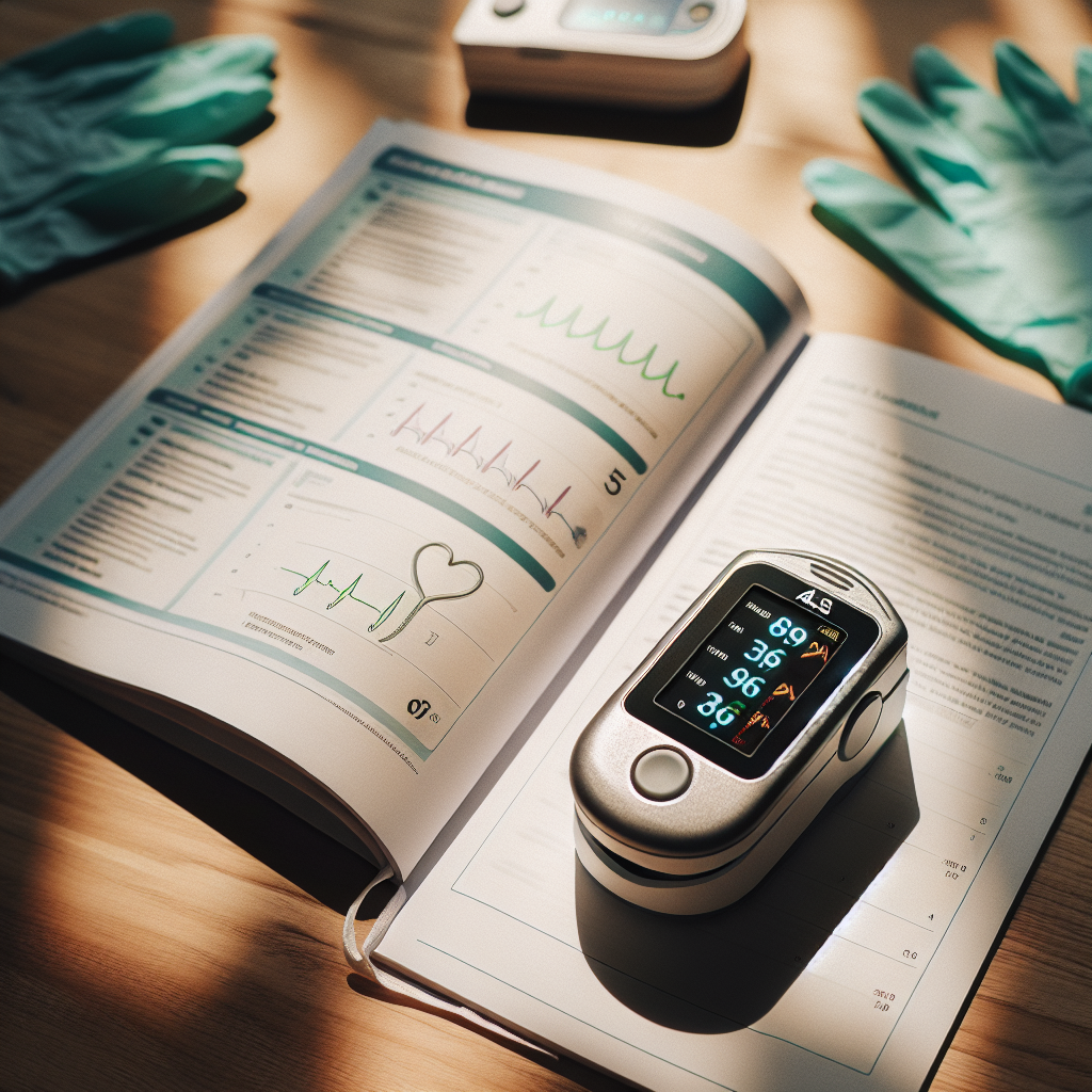 A scene capturing an ALS Pulse Oximeter. This medical instrument, primarily used to conveniently monitor the oxygen levels in the body, is placed on the foreground, basking in natural sunlight that produces soft, comforting shadows. The oximeter is compact and easy to handle, with an LED screen display that shows the vital statistics. Surrounding it can be seen some open user manual pages with illustrations and texts detailing how to use the instrument, propelling an atmosphere of effortless monitoring and user-friendly design. The whole scene is set on a wooden table topped with teal medical gloves.