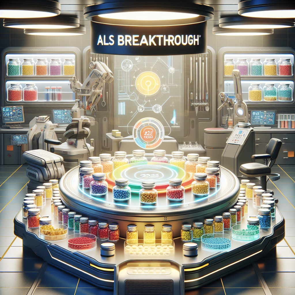 Illustrate a conceptual image depicting an advanced science setting. In the middle, feature a well-lit table with carefully arranged 'supplements' in bright-colored containers labeled 'ALS Breakthrough 2025'. Surround the table with futuristic equipment and tools, indicative of medical, neutraceutical and scientific research. The lighting should be natural, casting soft shadows on the surrounding area. Please keep the style as photorealistic as possible.