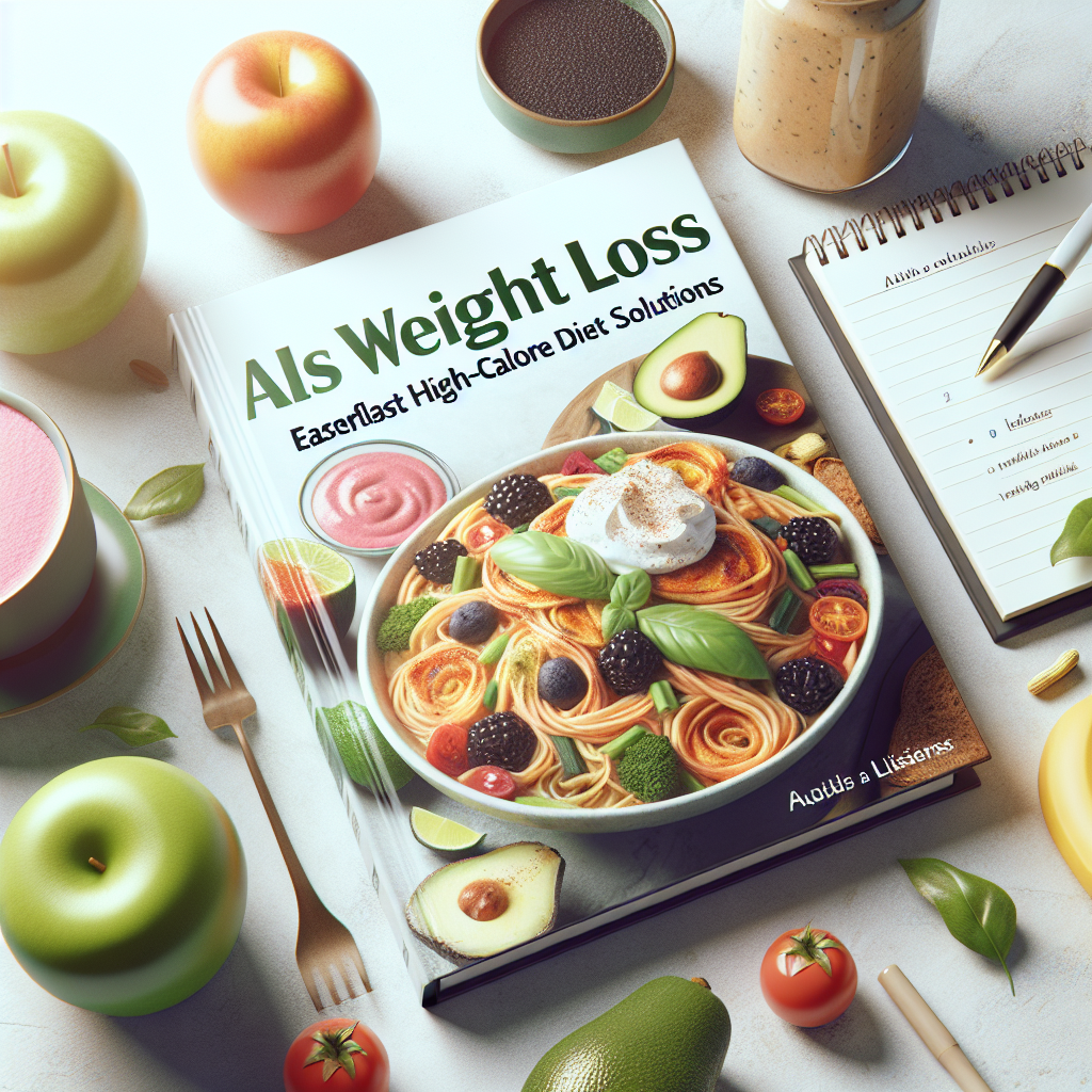 Generate a high-quality, photorealistic image using natural lighting and soft shadows. Provide a depiction of an educational book cover titled 'ALS Weight Loss: Effortless High-Calorie Diet Solutions'. The cover should feature balanced meals rich in calories, perhaps showcasing dishes like a hearty pasta, nutritious smoothie, and a loaded avocado toast. Include a notepad and a pen next to the meals, symbolizing the planning and tracking of the diet. The scene should be set on a bright airy kitchen countertop to illuminate the healthful, tempting food arrangements.