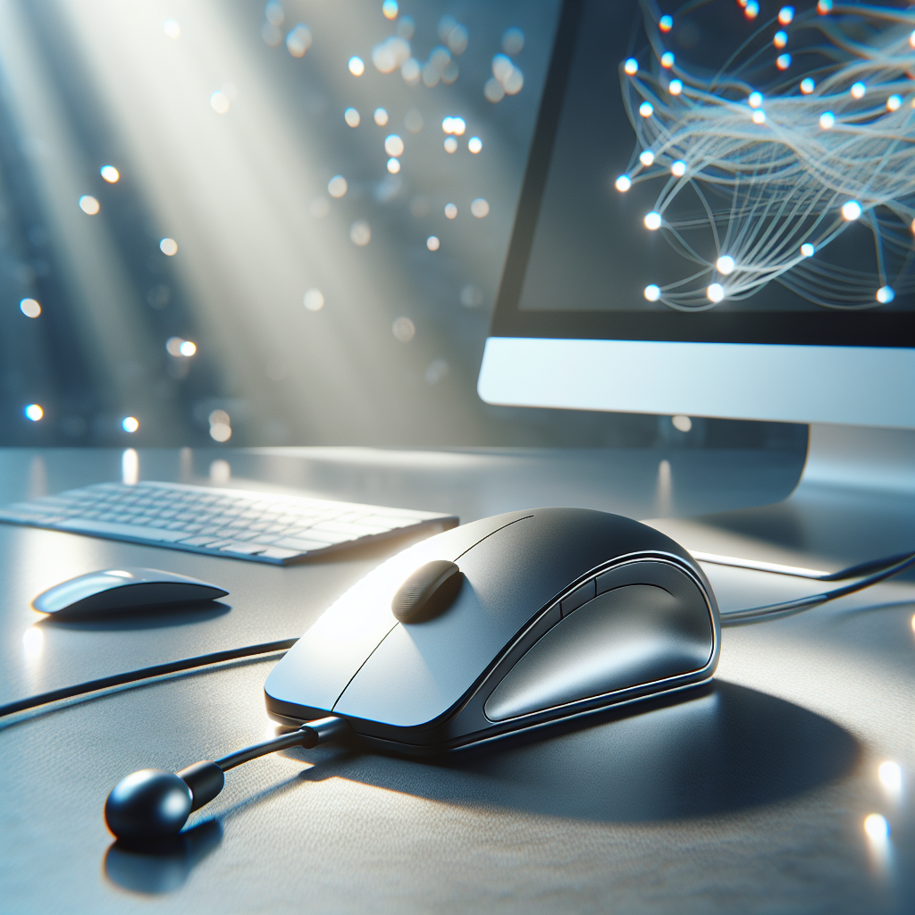 Generate an exceptional quality, photorealistic image that employs natural lighting and subtle shadows. The focal point of this image should be an innovative device known as the 'Eye Tracking Mouse'. This ergonomic and advanced piece of technology enables effortless computer access, particularly for individuals with ALS (Amyotrophic lateral sclerosis). The design should be sleek, modern and intuitively user-friendly in its accessibility. Include a computer in the background to showcase its use. Bask the entire setting in a pool of ethereal, natural light, colouring the soft shadows for a realistic touch.