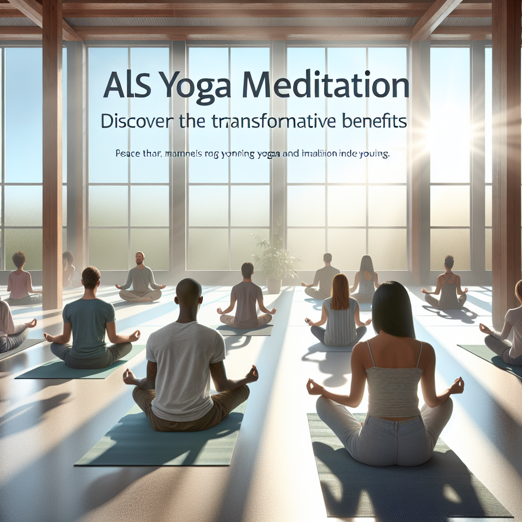 Create a serene image showcasing a multi-ethnic group of individuals engaging in yoga meditation. The setting is a spacious, peaceful room filled with soft natural light and casting gentle shadows. Include different yoga poses illustrating peace and focus. A text should be floating above the scene saying 'ALS Yoga Meditation: Discover the Transformative Benefits'.