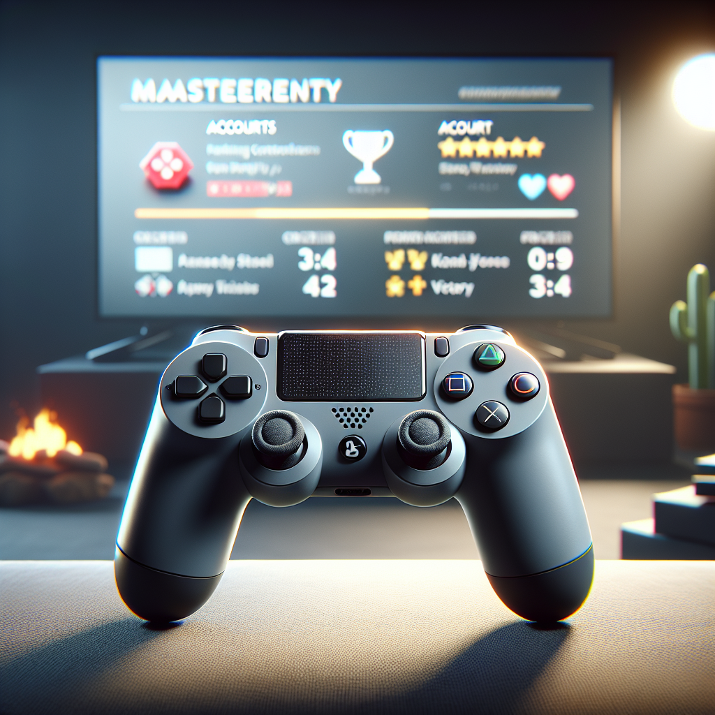 Create a photorealistic image showcasing a generic gaming controller compatible with popular gaming consoles. The controller should be placed in a setting that implies mastery, with soft shadows and natural lighting illuminating the controller, making it stands out. Accounts of successful gameplay, high scores or victory screens can be visible in the the background on a TV screen.
