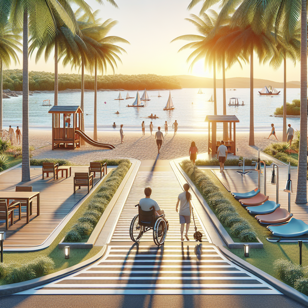 A detailed, realistic representation of an unforgettable and accessible vacation designed for people with ALS. Picture a wheelchair accessible beachfront resort, with wide, bordered paths leading to the beach and soft shadows created by palm trees. This serene scene is further beautified by a setting sun that casts warm, natural light over everything. There's a wooden ramp leading down to the water's edge, and adapted water sports equipment nearby, highlighting the inclusive nature of the resort. Around, visitors of various DESCENTS, including Caucasian, Hispanic, Middle Eastern, and South Asian, are enjoying their vacation.