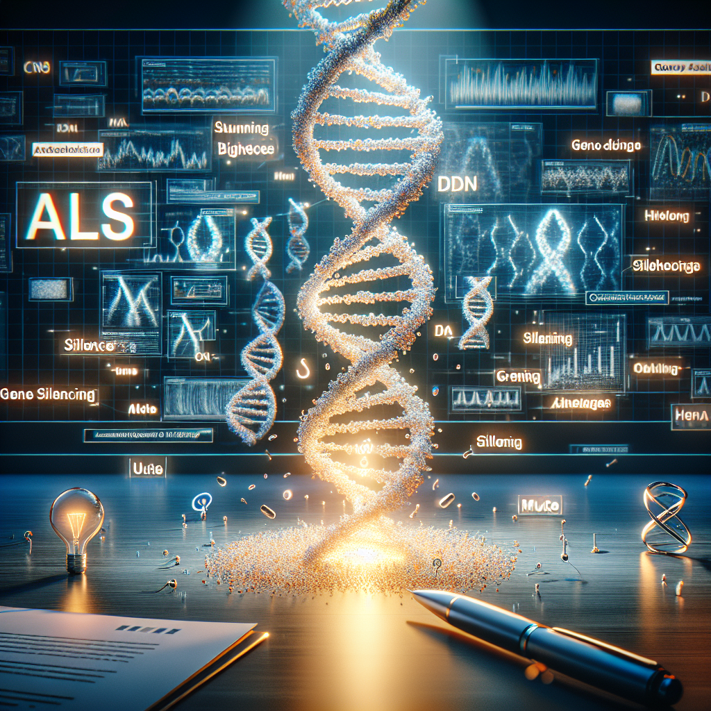 Create a photorealistic image embodying the breakthrough of C9orf72 ALS (Amyotrophic Lateral Sclerosis) gene research. Display a lighted background illustrating the double-helix structure of DNA, representing genetics, with highlighted sequences symbolizing the C9orf72 gene. In the scene, place a symbolic 'mute' or 'silence' icon, signifying gene silencing. To express the significance of the news, illustrate 3-D textual headlines floating around, saying 'ALS Breakthrough' and 'Stunning Gene Silencing News'. Use natural lighting and soft shadows to create depth and realism.