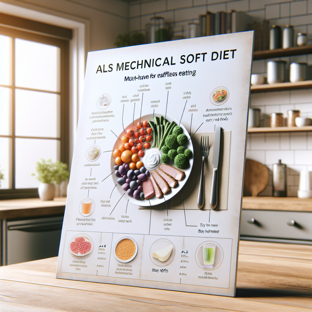 Create a photorealistic image appearing to be an informative chart about ALS Mechanical Soft Diet. Include must-have tips for effortless eating. The image should display a balanced plate of a mechanical soft diet - cooked vegetables, tender meats, soft fruits, and dairy. Include bubbles or side-notes with tips like 'cut food into small pieces', 'choose easy-to-chew foods', and 'stay hydrated'. Use natural lighting with soft shadows for a warm and welcoming effect. Place the chart on a wooden table with a modern, clean kitchen background.