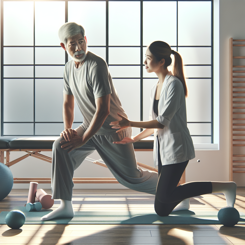Generate a realistic, high-quality image showcasing an instructional exercise scene aimed at providing effortless relief for joint stiffness, which is common in ALS (Amyotrophic Lateral Sclerosis) patients. The image should focus on an Asian man in his early sixties demonstrating a gentle ROM (Range of Motion) exercise while being guided by a Caucasian female physiotherapist. The setting should be a well-equipped physiotherapy clinic, bright and open with natural lighting pouring in, casting soft shadows around. Safety measures such as a couple of yoga mats and exercise balls can be seen around.