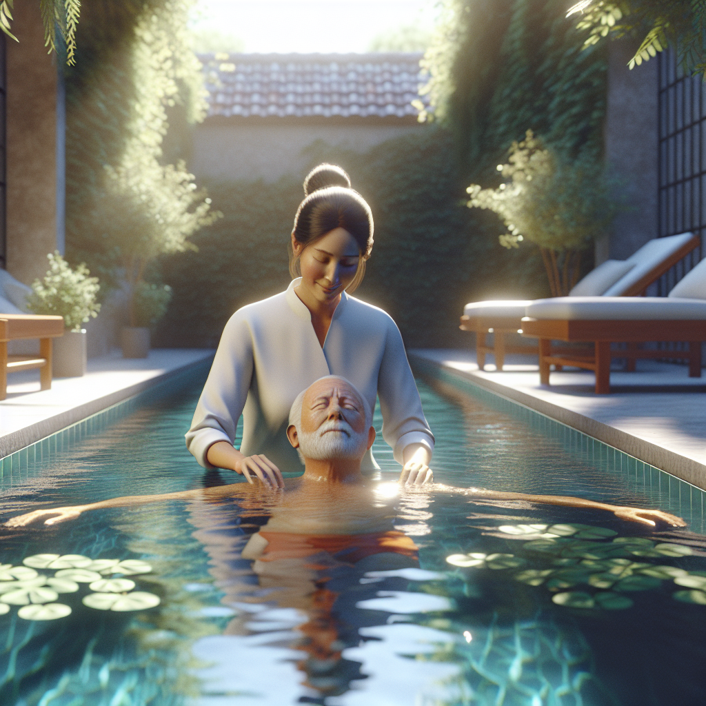 Create a high-quality, photorealistic scene that shows the benefits of ALS Aquatic Therapy. The scene takes place in an outdoor warm pool on a sunny day - natural lighting highlights the serene, therapeutic atmosphere and the soft shadows add depth and calmness to the scene. In the pool, an experienced female therapist of Hispanic descent is providing therapy to an ALS patient, an elderly Caucasian man, who is enjoying the peacefulness of the therapy as he floats on the warm water. The surrounding of the pool is lush with greenery, further enhancing the soothing environment of the therapy session.