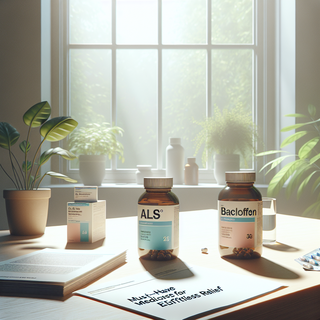 Create a very detailed, high-quality and photorealistic illustration of a scene set in a serene home environment. There's a table under soft, natural light streaming in from a nearby window. On the table, there are two medicine bottles with clear labels reading 'ALS' and 'Baclofen', respectively. Also present is a small, neatly-crumpled booklet titled 'Must-Have Medications for Effortless Relief'. The scene gives an overall sense of calm and assurance, embodying the concept of effortless relief.
